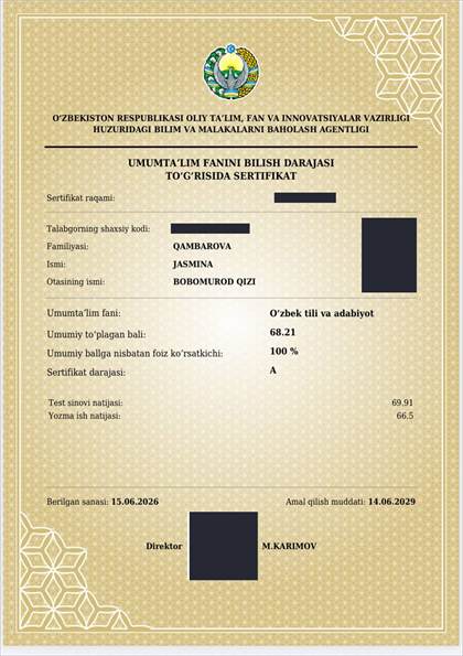 Qambarova Jasminaning A darajali milliy sertifikati