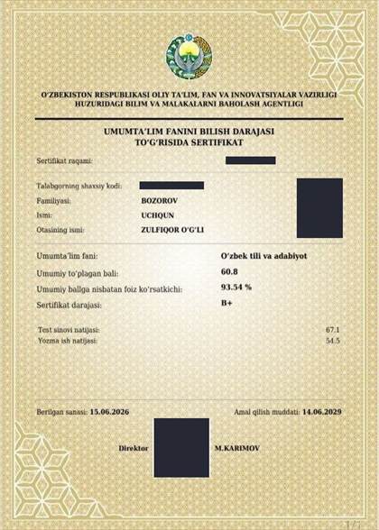 Bozorov Uchqunning B+ darajali milliy sertifikati